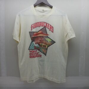 Vintage 70s Fuddruckers T Shirt Screen Stars Cream Graphic Tee Mens L USA Made